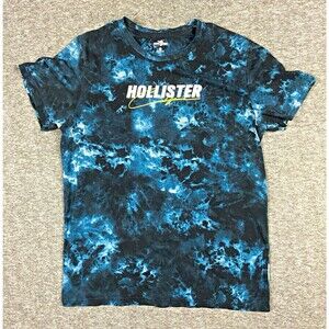Hollister Men's M Logo T-Shirt Tie Dye Black/Blue Crew Neck Short Sleeve